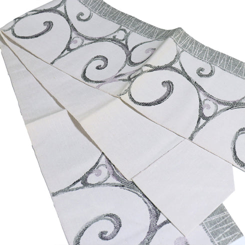 名古屋帯 リサイクル 帯丈356.5cm 六通 流水柄 紬 アイボリー Sサイズ 正絹 新品・未使用品 お洒落 カジュアル