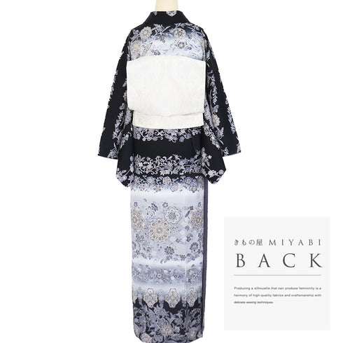 訪問着 リサイクル 身丈165cm 裄68cm 袷 華紋柄 更紗柄 汕頭刺繍 ブラック Lサイズ お洒落 正絹 広衿 Aランク