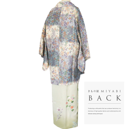 道中着 リサイクル 身丈88.7cm 裄65.2cm 袷 能衣装 籠目に草花柄 多色 Mサイズ お洒落 正絹 Sランク