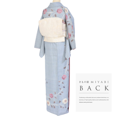 付下げ リサイクル 身丈162.7cm 裄64.8cm 袷 紬 巻き上げ絞りに花柄 ブルー Lサイズ お洒落 正絹 広衿 Aランク