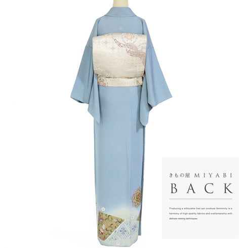 色留袖 リサイクル 身丈163cm 裄64.4cm 袷 華紋柄 箔 比翼無し ブルー Lサイズ 落款 一つ紋 正絹 広衿 Sランク