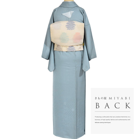 色無地 リサイクル 身丈159.5cm 裄64cm 袷 立涌文様 有職文様 花唐草 絵羽地紋 ブルー Mサイズ セミフォーマル 落款 一つ紋 しつけ糸 正絹 広衿 地紋あり Sランク