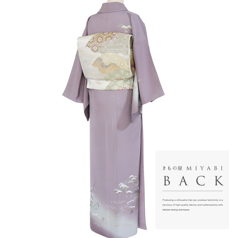 付下げ リサイクル 身丈155.8cm 裄62.6cm 袷 花籠柄 松柄 橘柄 箔加工 パープル Mサイズ セミフォーマル お洒落 正絹 広衿 Sランク