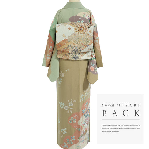 訪問着 リサイクル 身丈162.2cm 裄63.6cm 袷 染め分け 部分絞り 扇子に花各種柄 金駒刺繍 箔 グリーン Lサイズ セミフォーマル お洒落 正絹 広衿 Sランク