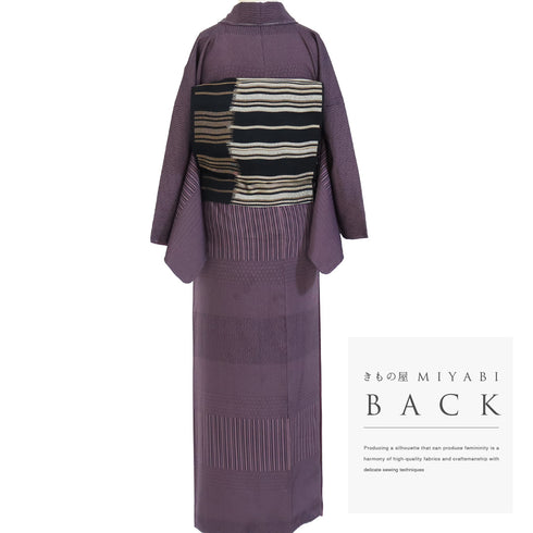 小紋 リサイクル 身丈157.5cm 裄66.8cm 袷 横段柄 パープル Mサイズ お洒落 しつけ糸 正絹 広衿 Bランク