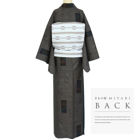 紬 リサイクル 身丈159.5cm 裄66.4cm 袷 短冊に華紋模様 ブラウン Mサイズ カジュアル お洒落 証紙 正絹 広衿 Sランク