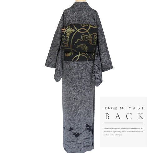 訪問着 リサイクル 身丈163.5cm 裄68.4cm 袷 ひょうたん模様 たたき染め 岸上純平 ブラック Lサイズ お洒落 落款 しつけ糸 正絹 広衿 Sランク