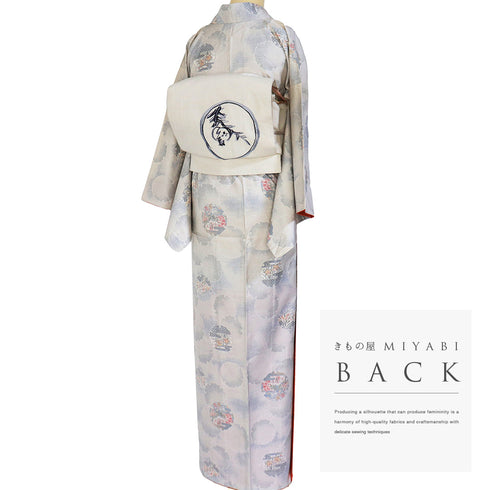 紬 リサイクル 身丈167cm 裄66.6cm 袷 雪輪に花柄 アイボリー LLサイズ カジュアル お洒落 正絹 広衿 Sランク