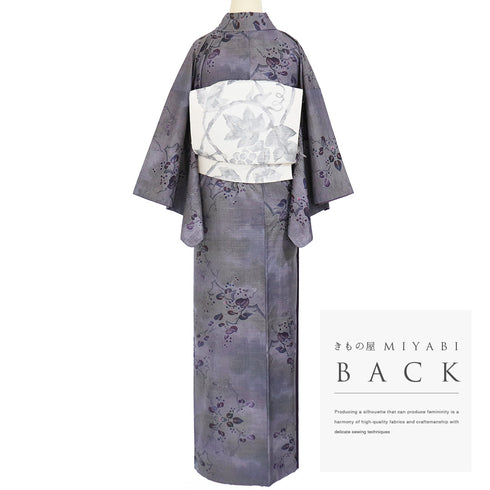 紬 リサイクル 身丈159cm 裄63.4cm 袷 草木柄 パープル Mサイズ カジュアル お洒落 正絹 広衿 Aランク