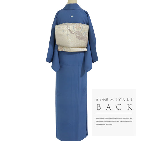 色無地 リサイクル 身丈160.5cm 裄64.4cm 袷 花菱柄 ブルー Lサイズ セミフォーマル お洒落 一つ紋 正絹 広衿 地紋あり Bランク