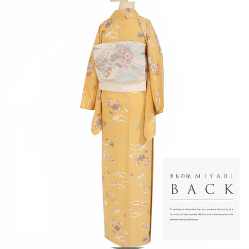 小紋 リサイクル 身丈164.5cm 裄66.4cm 袷 花や鳥柄 オレンジ Lサイズ お洒落 カジュアル 正絹 広衿 Sランク