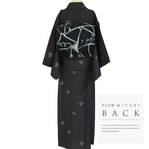 小紋 リサイクル 身丈157.5cm 裄63.6cm 単衣 青海波にひょうたん柄 地紋 ブラック Mサイズ お洒落 カジュアル ポリエステル 洗える着物 広衿 Aランク