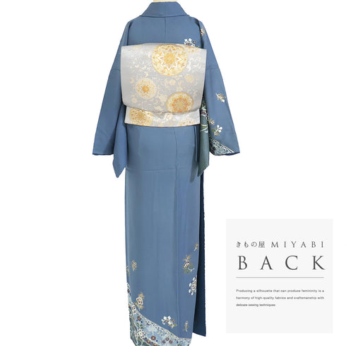 訪問着 リサイクル 身丈164.2cm 裄68.4cm 袷 華紋 花唐草模様 オリエンタル柄 金駒 ブルー Lサイズ セミフォーマル 正絹 広衿 Bランク