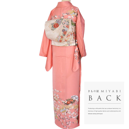 訪問着 リサイクル 身丈163cm 裄66.6cm 袷 地紙に花各種柄 箔 ピンク Lサイズ セミフォーマル 正絹 広衿 Sランク
