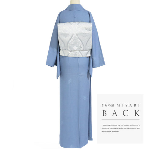 色無地 リサイクル 身丈158.2cm 裄66.4cm 袷 菊にあやめ模様 ブルー Mサイズ セミフォーマル 一つ紋 しつけ糸 正絹 広衿 地紋あり Sランク