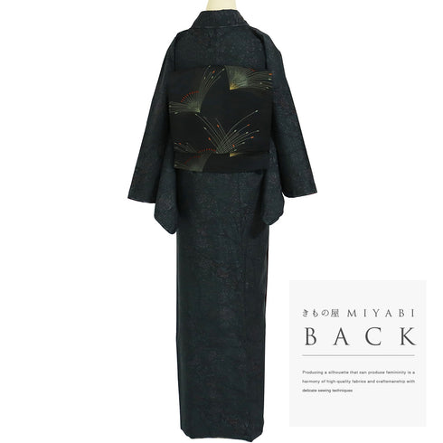 大島紬 リサイクル 身丈161.2cm 裄66.8cm 袷 草花柄 ネイビー Lサイズ お洒落 カジュアル 証紙 しつけ糸 正絹 広衿 Sランク