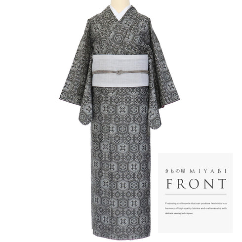 アンサンブル 紬 リサイクル 身丈163.3cm 裄62.6cm 羽織丈76cm 袷 亀甲柄 グレー Lサイズ カジュアル お洒落 しつけ糸 正絹 広衿 Sランク