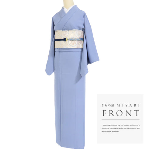 色無地 リサイクル 身丈157.7cm 裄63cm 袷 パールトーン加工 ブルー Mサイズ セミフォーマル お洒落 一つ紋 正絹 広衿 地紋なし Sランク