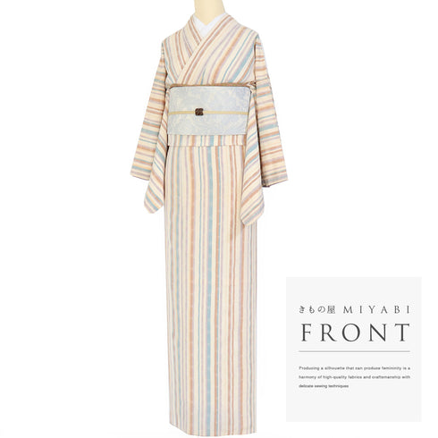 小紋 リサイクル 身丈166.8cm 裄64.4cm 袷 縞柄 ベージュ LLサイズ お洒落 カジュアル 正絹 広衿 Aランク