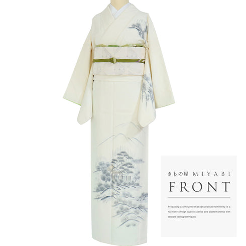 付下げ リサイクル 身丈158.2cm 裄66.8cm 袷 風景柄 作家物 重ね衿付き アイボリー Mサイズ お洒落 落款 正絹 広衿 Aランク