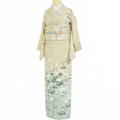 訪問着 リサイクル 身丈156cm 裄62.6cm 袷 手描き友禅花模様 ベージュ Mサイズ フォーマル セミフォーマル 正絹 広衿 Aランク