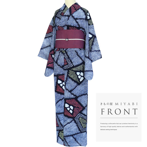 浴衣 リサイクル 夏着物 身丈157.5cm 裄64cm 夏物 絞り ネイビー Mサイズ カジュアル 木綿 洗える着物 バチ衿 Sランク