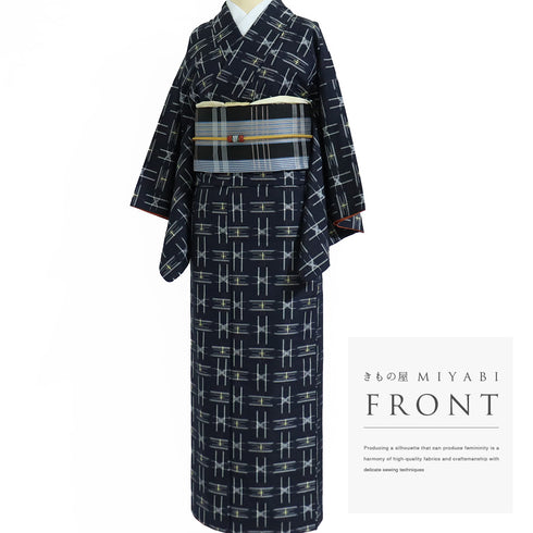 紬 リサイクル 身丈152.2cm 裄62.4cm 袷 琉球かすり 絣柄 ネイビー Sサイズ お洒落 カジュアル 証紙 正絹 広衿 Aランク