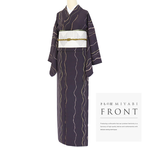 小紋 リサイクル 身丈163.8cm 裄66.8cm 袷 曲線柄 パープル Lサイズ お洒落 カジュアル 正絹 広衿 Aランク