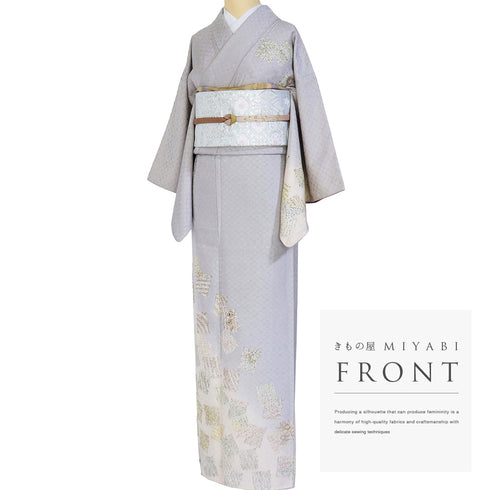 付下げ リサイクル 身丈153.8cm 裄63.6cm 袷 たたき色紙散らしに小花の刺繍 地紋 パールトーン加工 グレー Sサイズ セミフォーマル お洒落 正絹 広衿 Sランク