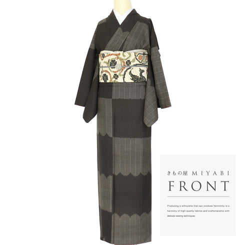 紬 リサイクル 身丈157.8cm 裄67.2cm 袷 デザイン松柄 ブラウン Mサイズ お洒落 カジュアル 正絹 広衿 Bランク