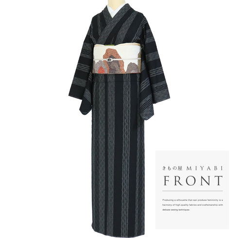 紬 リサイクル 身丈166cm 裄67.2cm 袷 よろけじま柄 三代目市三郎 ブラック LLサイズ お洒落 証紙 しつけ糸 正絹 広衿 Sランク