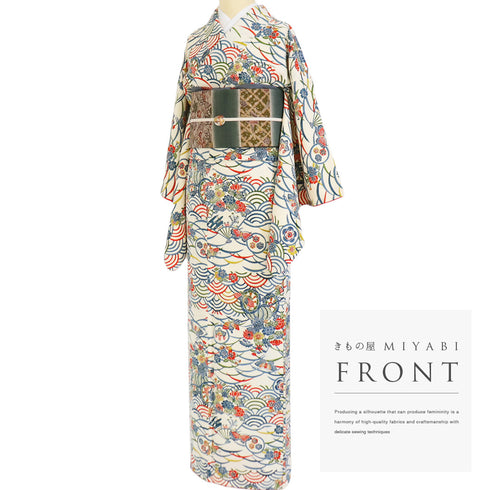 小紋 リサイクル 身丈157.3cm 裄65.6cm 袷 青海派 露芝 花車 蝶々 アイボリー Mサイズ お洒落 カジュアル 正絹 広衿 Sランク