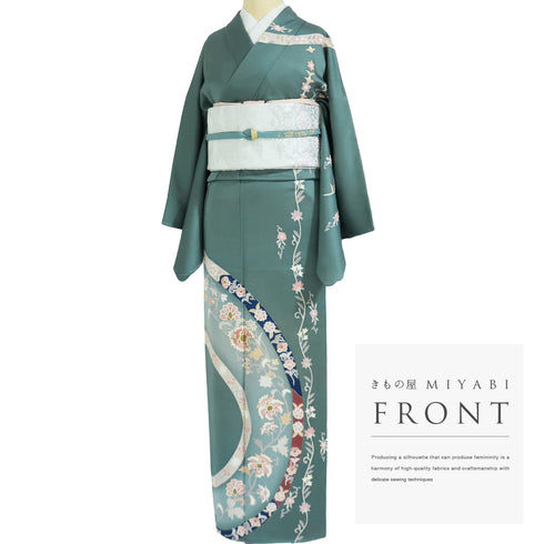 訪問着 リサイクル 身丈155cm 裄65.2cm 袷 花唐草柄 金駒刺繍 箔 グリーン Sサイズ セミフォーマル お洒落 正絹 広衿 Bランク