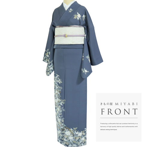 訪問着 リサイクル 身丈163cm 裄67.4cm 袷 花柄 パールトーン加工 箔 ブルー Lサイズ お洒落 正絹 広衿 Aランク