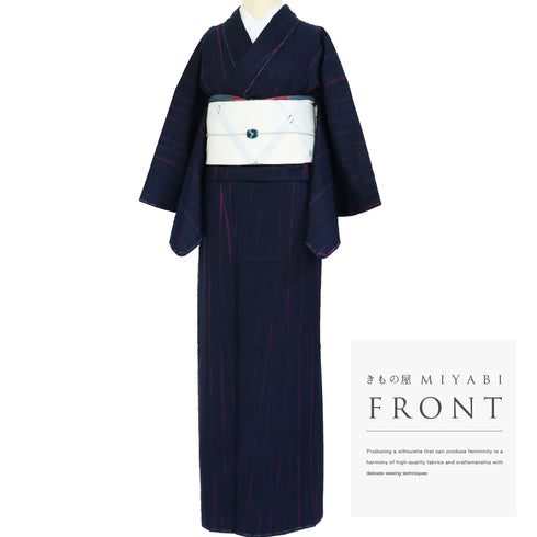 紬 リサイクル 身丈157.2cm 裄64.8cm 袷 筋絞り ネイビー Mサイズ お洒落 カジュアル しつけ糸 正絹 広衿 Sランク