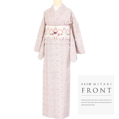 紬 リサイクル 身丈156.5cm 裄68.4cm 袷 幾何学華文様 ベージュ Mサイズ お洒落 カジュアル しつけ糸 正絹 広衿 Aランク