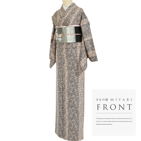 小紋 リサイクル 身丈168.2cm 裄68.4cm 袷 小花柄 胴裏化繊 ミシン仕立て グレー LLサイズ お洒落 カジュアル 正絹 広衿 Sランク