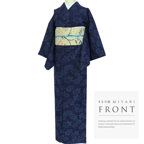 紬 リサイクル 身丈159.3cm 裄63.2cm 単衣 菊唐草模様 ネイビー Mサイズ カジュアル お洒落 正絹 広衿 Sランク