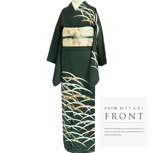 訪問着 リサイクル 身丈167.2cm 裄66.4cm 袷 雪芝柄 金駒刺繍 グリーン LLサイズ お洒落 正絹 広衿 Sランク