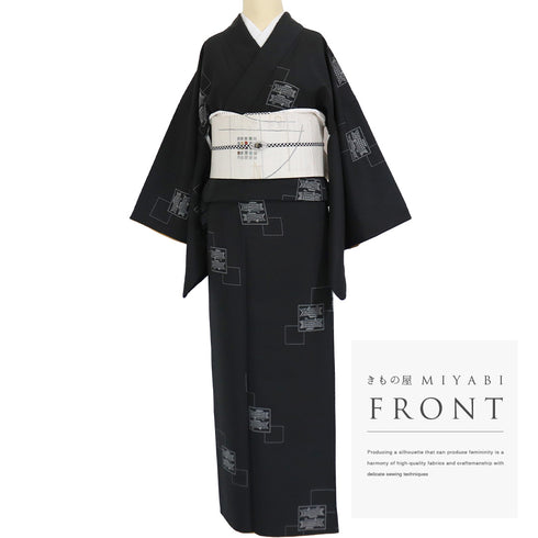 小紋 リサイクル 身丈164.3cm 裄66.5cm 袷 鯉のぼり柄 ブラック Lサイズ お洒落 カジュアル ポリエステル 洗える着物 広衿 Sランク