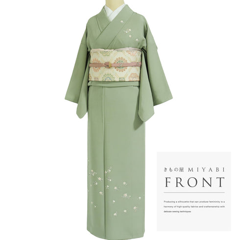 訪問着 リサイクル 身丈150.5cm 裄62.4cm 袷 小花柄 グリーン Sサイズ セミフォーマル お洒落 一つ紋 正絹 広衿 Aランク