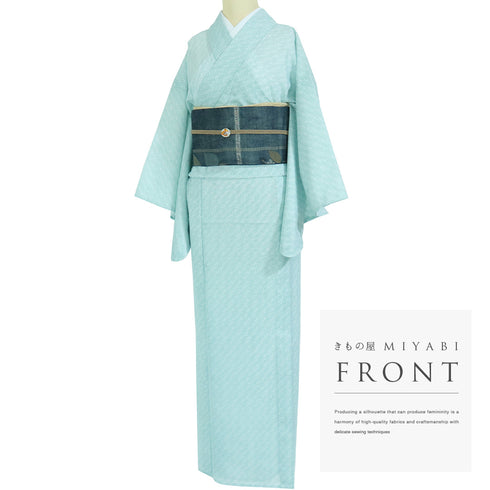 小紋 リサイクル 夏着物 身丈156.7cm 裄65cm 絽 デザイン扇子柄 グリーン Mサイズ お洒落 ポリエステル 洗える着物 バチ衿 Sランク