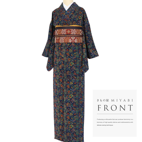 小紋 リサイクル 身丈159cm 裄64cm 袷 唐草柄 ネイビー Mサイズ お洒落 カジュアル 正絹 広衿 Sランク