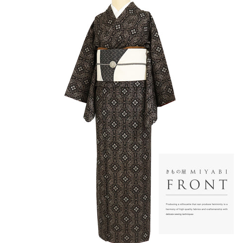 紬 リサイクル 身丈156.5cm 裄64.8cm 袷 デザイン七宝柄 ブラウン Mサイズ カジュアル お洒落 しつけ糸 正絹 広衿 Bランク