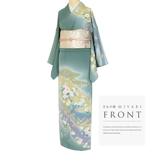 訪問着 リサイクル 身丈158cm 裄66.4cm 袷 花草模様 グリーン Mサイズ セミフォーマル 落款 しつけ糸 正絹 広衿 未使用品