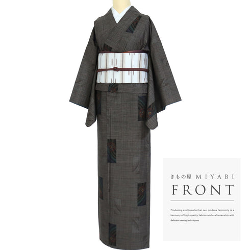 紬 リサイクル 身丈159.5cm 裄66.4cm 袷 短冊に華紋模様 ブラウン Mサイズ カジュアル お洒落 証紙 正絹 広衿 Sランク