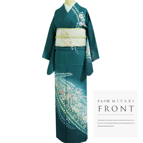 訪問着 リサイクル 身丈164cm 裄64.2cm 袷 付け下げ訪問着 辻ヶ花文様 絞り グリーン Lサイズ お洒落 正絹 広衿 Sランク