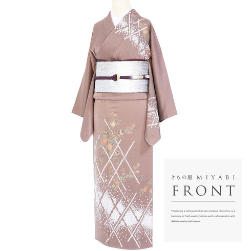 訪問着 リサイクル 身丈161.3cm 裄64.8cm 袷 部分絞り 垣根に花枝柄 地紋 ブラウン Lサイズ お洒落 しつけ糸 正絹 広衿 Sランク