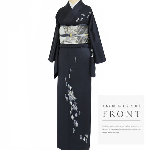 付下げ リサイクル 身丈165.5cm 裄65.8cm 袷 葵まつり柄 地紋 ネイビー LLサイズ お洒落 正絹 広衿 Sランク