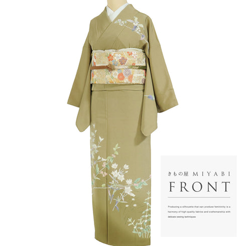 訪問着 リサイクル 身丈150cm 裄62.4cm 袷 草花柄 山﨑巌 グリーン SSサイズ セミフォーマル 落款 一つ紋 正絹 広衿 Sランク